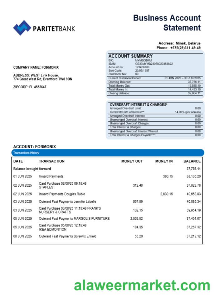 Paritet bank company account statement Word and PDF format